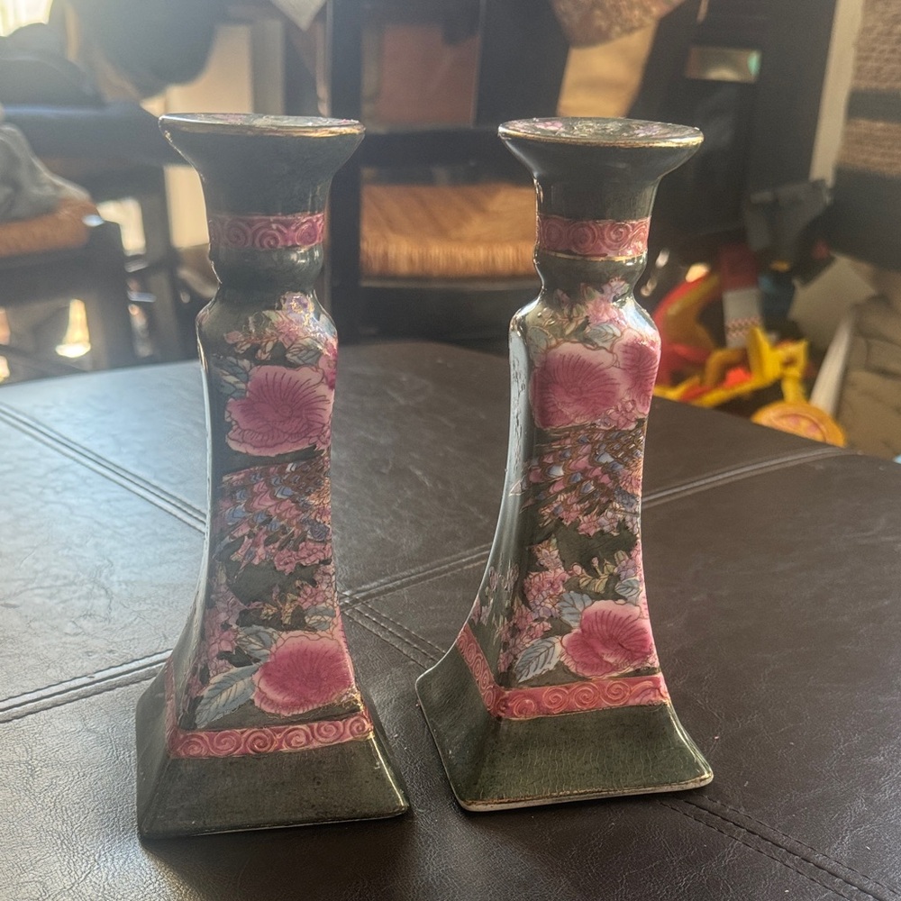 Beautiful pair Pink Floral Ceramic Candlesticks - Home Accents
